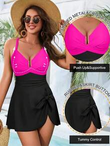 Womens One Piece Swimsuit Tummy Control Halter Neck Metal Ring Deep V-Neck Cross Back Self Tie Bathing Suit Tie Knot Swim Dress Summer Holiday Swimwear Beachwear - 玫紅色 - 查看 3