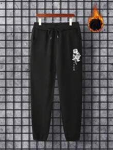 Men Floral Japanese Letter Graphic Drawstring Waist Sweatpants Sweat Pants Plain Black Urban Fashion Jogger - 黑色 - 查看 3