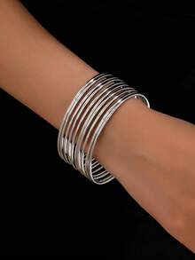 10pcs Women Simple Smooth Silver-Tone Bangles, Great Gift For Ladies, Teens, Valentine's Day Present - Silver - View 3