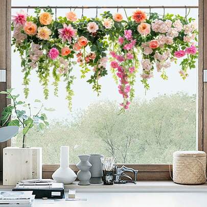 1pc Static Cling Window Decals Of Green Plants And Flowers - Mobile PVC Stickers, Reusable Modern Home Decor, Suitable For Living Room Bedroom Glass Surfaces, Living Room Decor