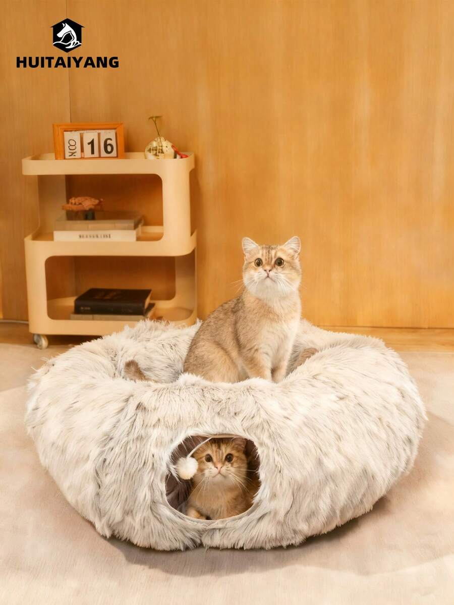 1pc HUITAIYANG Cat Tunnel, Cat Bed Pet Round Cave Cat Play Tunnel, Enclosed Cat Bed For All Seasons, Thick Plush Cat Bed & Tunnel For Autumn/Winter, Light Gray