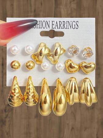 18 Parça Avrupa ve Amerika Lüks Moda Taşlı ve Yapay İnci Asimetrik Geometrik Küpe Seti, Minimalist Şık Tasarım Kadın Küpeleri, Kış 2025