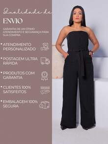 Macacão Pantalona Feminino Tomara Que Caia Cintura Marcada Com Faixa Botões Elegante Casual Versátil - Preto - Visão 6