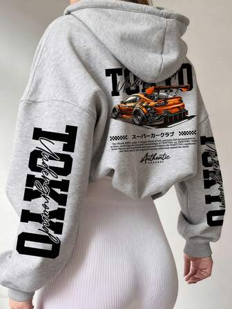 女士冬季字母赛车小车帅气印花长袖抽绳连帽卫衣，带口袋，休闲宽松多功能风格，秋季女装冬季女装，适合日常穿着。