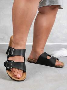 Wide Fit Men's Summer Sandals, Unisex Outdoor Casual Shoes, Equipped With Metal Double Buckle, Providing Larger Size Options. Fashionable Design With Adjustable Straps For Comfortable Wear. These Stylish Beach Slippers Are Made Of High-Quality Retro Solid Colors, Easy To Wear. - Black - View 2