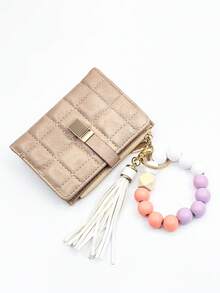 2026 New Kids Beaded Handheld Wallet, Checkered Snap Closure Multi-Functional Wallet Card Holder Zipper Coin Purse - Multicolor - View 12