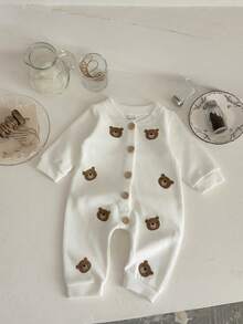 INS Unisex Baby Cartoon Bear Head Patchwork Long Sleeve Hooded Romper, Spring/Autumn - White - View 9
