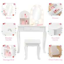 Juego de Maquillaje Infantil de Madera para Niñas, Mesa y Silla con Espejo Iluminado al Tacto, Juego de Cambiador con Taburete para Juego de Rol - Blanco - Ver 3