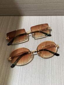 2 pares de gafas de montura metálica sin borde con diseños redondo y rectangular, de estilo casual, para ir al trabajo, la playa y la calle - 2 piezas sin marco marrón - Ver 13