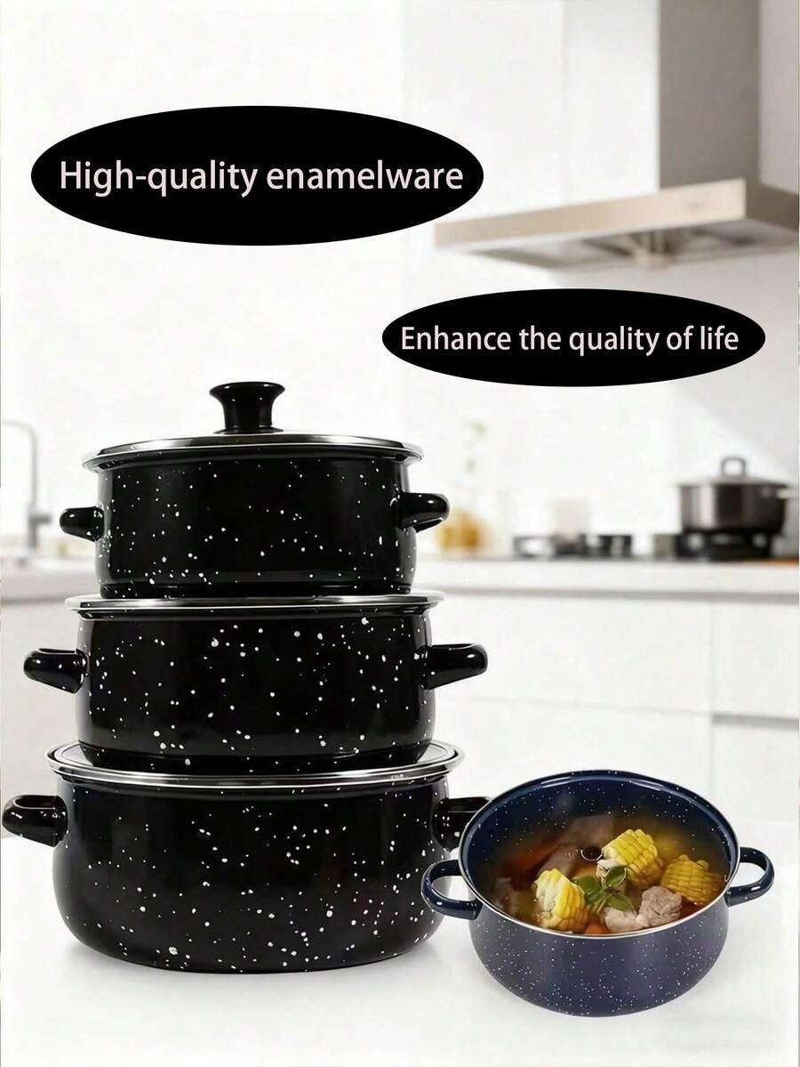 3pcs Enamel Cookware Set, Non-Stick Pots & Pans Set, Enamel Cooking Pot Set With Glass Lid, Multi-Purpose Durable Enamel Pot Set For Home Kitchen, Suitable For Gas & Induction Cooktop - Multicolor Three-piece Set - View 1