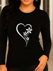 Women's Casual Long-Sleeved T-Shirt With Asymmetrical Floral And Heart Print. Regular Fit, Machine Washable, Suitable For All Seasons. Comfortable And Casual Wear, Durable For Casual Attire And Special Occasions. - Black - View 2