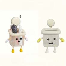 卡通浴室收纳挂钩架 - 免钻孔吸盘壁挂式，耐用塑料牙刷牙膏架，水槽配件，可爱家居装饰，萌趣机器人吸盘收纳架，卡通设计浴室收纳架，底部排水孔，简约壁挂式浴室牙刷架，可收纳杂物和废纸 - 彩色 - 查看 3