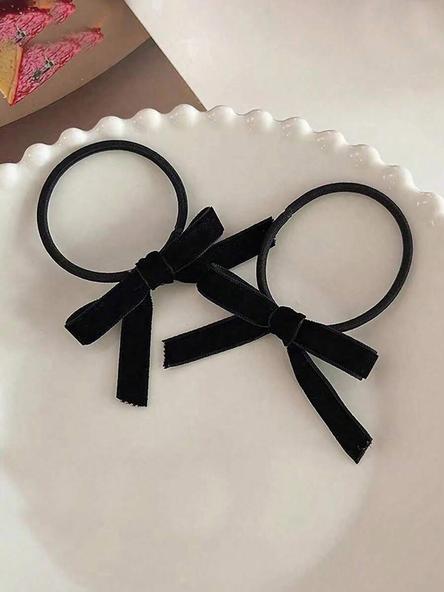 2/8/16pcs Black Hair Scrunchies Elastic Hair Ties With Bow Rubber Bands Ponytail Holder Beauty Home Hair Accessories,Travel,Birthday - Black - View 1