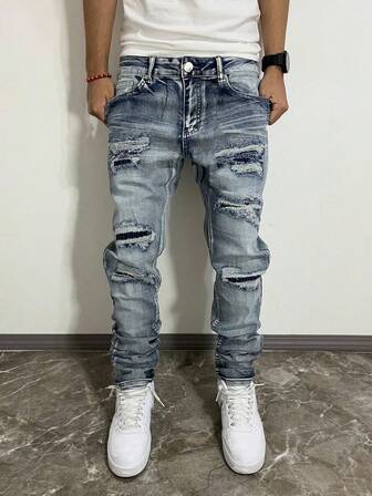 Men's Slim Fit Distressed Stretch Denim Jeans, Differential Wash Skinny Jeans, Personalized Styling, Cotton Fabric Side Pockets, Versatile