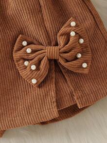 Young Girl Casual Cute Set: Pearl Flower Simple T-Shirt + Bow Beaded Skorts + Fashionable Beaded Hat - Brown - View 8