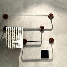 实木浴室毛巾架，中世纪风格，免钻孔单杆设计，简约浴巾浴袍挂架，带储物架 - 彩色 - 查看 1