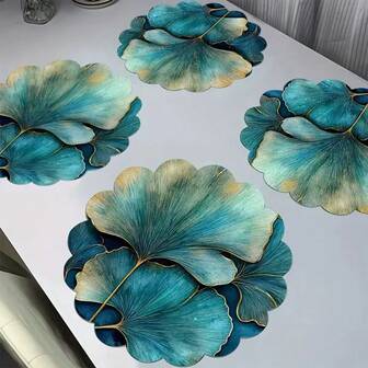 2/4/6/8 piezas Manteles individuales redondos de 13.8 pulgadas de hoja de ginkgo de estilo azul y dorado, lavables, antideslizantes y resistentes al calor de poliéster tejido, adecuados para comidas diarias, Halloween, Navidad, fiestas al aire libre, banquetes - Elegante decoración de mesa, accesorios de comida festiva | Vajilla brillante | Manteles individuales, manteles, de alta calidad.