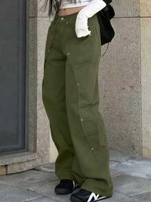 Women's Y2K Style Straight Jeans, Loose Wide Leg, Wood Pants - Army Green - View 3