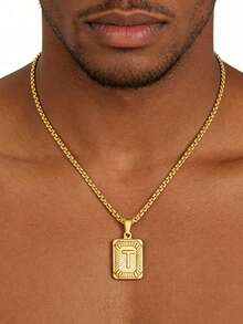1pc Men's Bestselling Stainless Steel Square Letter Pendant Necklace, Personalized Letter Necklace, Hip Hop Jewelry - Yellow Gold - View 1