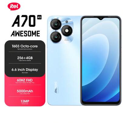 itel A70 蓝色 4GB+256GB 手机，6.6英寸高清+超窄底框+侧边指纹+旗舰复合板工艺外观，超级省电，美颜相机，AI拍照，人脸解锁动画，内存融合，查找我的手机，iOS风格UX，水滴版智慧岛，安卓13，5000mAh长续航+Type-C 10W快充