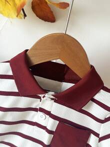Ensemble bébé garçon d'été, nouveau polo rayé à manches courtes avec poche + short unicolore décontracté. Convient pour la plage, les loisirs et les vacances - Rouge foncé - Voir 4