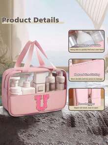 1pc Multi-Functional PVC Toiletry Bag, Transparent PVC Cosmetic Bag, Large Capacity Makeup Bag, DIY Letter Design Makeup Bag, Waterproof Travel Organizer Bag, Minimalist Letter Patch Travel Cosmetic Bag, Suitable For Cosmetics, Perfume, Beach, School, Bathroom, Festivals, Mother's Day, Christmas, Great Gift For Mom, Family, Friends - Multicolor - View 5