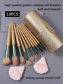 2pcs/10pcs/13pcs Premium Makeup Brush Set, Multi-Functional Face Makeup Brushes + Flocked Fan Powder Puff + Fashionable Large Capacity Covered Storage Bucket - Khaki - View 4