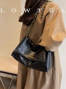 low tea 1 pieza Bolso de hombro de mujer de tela de ante de unicolor, estilo vintage, forma cuadrada, correa de cadena, cierre de solapa, se puede usar como bolso de hombro o bandolera, adec - Negro 3 - Ver 6