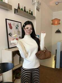 百搭纽扣设计高领长袖针织上衣，春季 - 杏色 - 查看 2