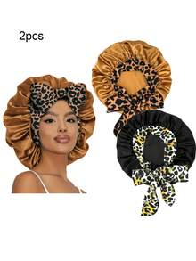 2件装女士弹力缎面睡帽/化妆帽/日常发帽，缎面帽（随机印花图案） - 粉紅NPSM19+咖15/2 - 查看 20