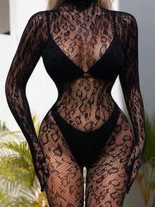1pc Sexy Leopard Print Tight See-Through Bodystocking - Women's Sheer Mesh One-Piece Lingerie - Black - View 4