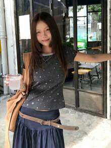Kaos Lengan Pendek Wanita Model Slim Fit Leher Bulat Motif Bintang Vintage untuk Musim Panas - Dark Grey - View 5