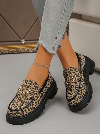 Women's Leopard Print Wedge Heel Casual Slip-On Loafers, Elegant Preppy Style, Pure Metal Fashion Versatile