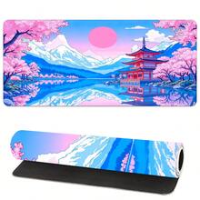 1pc Extra Large Japanese Pagoda & Landscape Pink Cherry Blossom Gaming Mouse Pad Non-Slip Premium Base Precision Stitched Edges, Rectangular Desk Mat For Office Study, Home Decor - Colorful - View 3