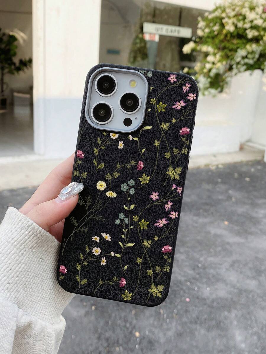 简约黑色仿皮花卉印花手机壳，时尚简约黑色仿皮纹理手机壳，防指纹/防水/防汗，触感柔软，兼容和Galaxy手机壳，Galaxy保护套，适用于三星Galaxy S25、S24、S24 Plus/S24+、S24 Ultra/S25 Ultra、S24 FE、S21 FE、S23 Ultra、A17，生日礼物、周年纪念礼物、春季礼物、情人节礼物。 - 黑色 - 查看 1