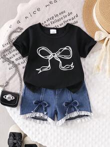 Baby Girl Bow Print Black Short Sleeve T-Shirt Top And 3D Bow Lace Trim Denim Shorts Set - Black - View 3