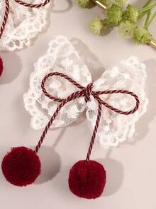 2 pièces Clips à nœud papillon en dentelle avec pompons bordeaux pour filles et adolescentes. Barrettes élégantes, cadeaux pour femmes, accessoires de cheveux mignons et doux pour femmes, pinces à cheveux - Multicolore - Voir 2