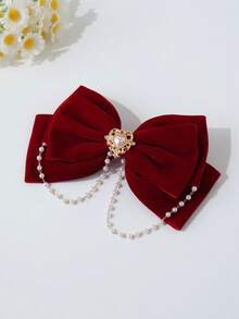 1pc Girls' Elegant & Sweet Velvet Pearl Heart Decor Bow Hair Clip, Suitable For Gifts, Festivals, And Daily Wear - Bow Hairpin - View 14