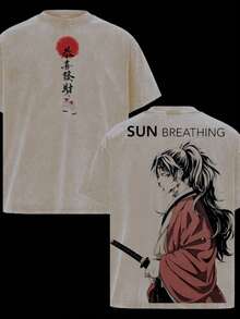 Men's Washed T-Shirt - Anime Y2K Print, INS American Retro Style, Unique,  And Loose Fit Sun Breathing Character Design Print Vintage T Shirts Graphic Tees Graphic Tee - 杏色 - 查看 1
