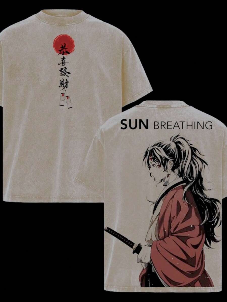 Men's Washed T-Shirt - Anime Y2K Print, INS American Retro Style, Unique,  And Loose Fit Sun Breathing Character Design Print Vintage T Shirts Graphic Tees Graphic Tee - 杏色 - 查看 1