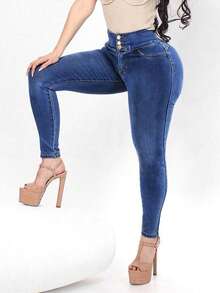 Quần jeans nữ cạp cao, co giãn tốt, có cúc cài, kiểu dáng yoga, màu trơn, thích hợp mặc mùa xuân. - Trung Lan - Xem 5
