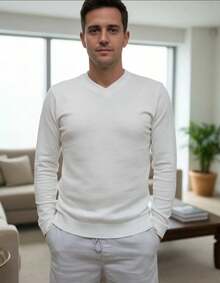 Men's Cold Weather Blouse | Men's Knitted Sweater | Winter Knitted Wool Pullover Long Sleeve V-Neck - 白色 - 查看 1