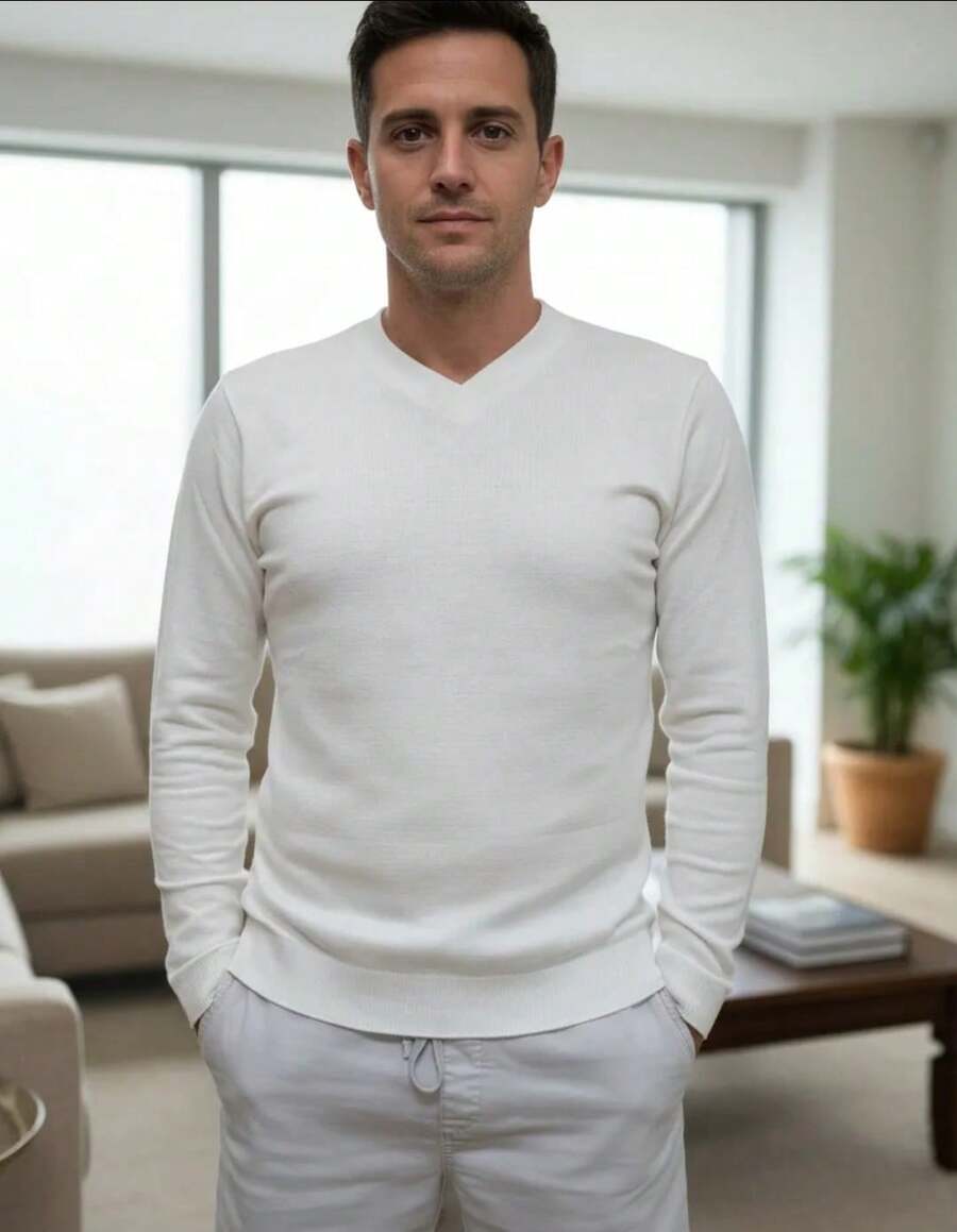 Men's Cold Weather Blouse | Men's Knitted Sweater | Winter Knitted Wool Pullover Long Sleeve V-Neck - 白色 - 查看 1