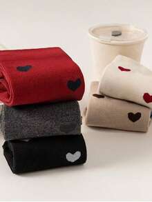3/5 Pairs Women's Mid-Calf Socks, Heart Design, Versatile Loose Top Socks - Multicolor - View 4