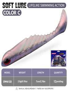 TACKLEPIONEER 12个T型尾软饵，7厘米/2.9克（2.76英寸*0.1盎司），仿生PVC钓鱼饵，带3D眼睛 | 偏置曲柄钩铅头钓组 - 慢沉，防咬设计，逼真泳姿，多种颜色可选，适用于鲈鱼、河鲈和海鲈。 - 彩色 - 查看 13