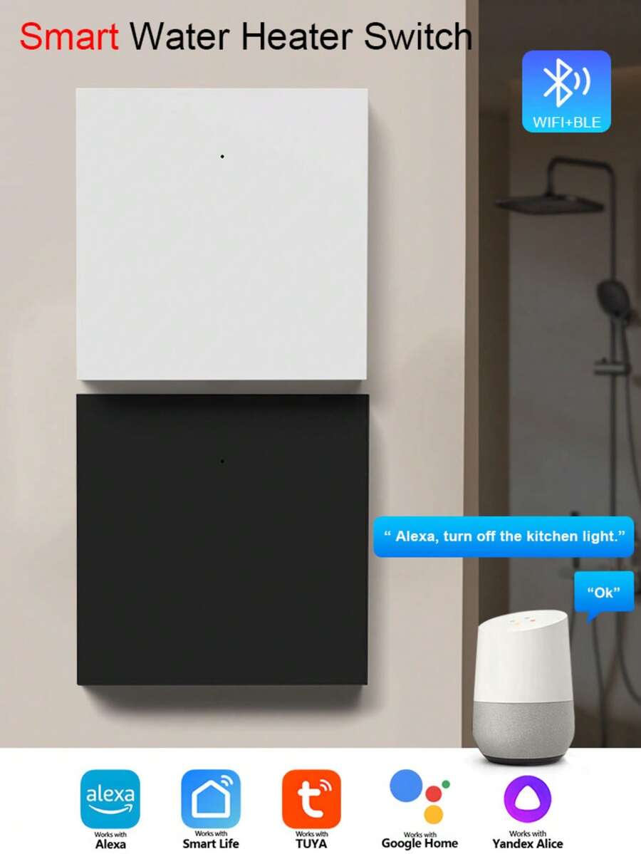 单联 40A/8000W 超薄 9mm 智能触控 PC+ABS 面板 WiFi+BLE 墙壁开关,现代方形黑/白模块化安装,带背光,支持语音/APP 远程定时分组控制,适用于热水器、空调和其他家用电器 - 彩色 - 查看 1
