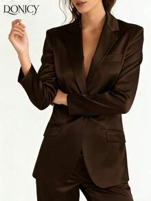 Women's Solid Color Single-Button Waist Cinched Waist Lined Blazer Jacket, Fashionable Casual Elegant, Business Office, Daily Casual, Suitable For Valentine's Day, Carnival - Coffee Brown - View 6