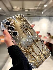 奢华骏马设计时尚手机壳 1 件装 镀金骏马水钻透明软壳 兼容三星 Galaxy A04e/12/A13/A14/A34/A50/A52/A53/A54/S21/S22/S23/S24/S25/S25 Ultra 春季生日礼物 - 無色 - 查看 6