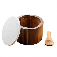 1pc Wooden Salt Cellar With Spoon, Kitchen Marble Lid Seasoning Box, Moisture-Proof Spice Storage Container - Multicolor - View 9