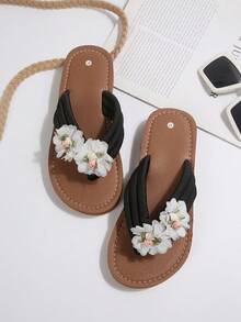Summer New Rhinestone Decorated Flat Thong Sandals, Casual Slip-On Beach Slippers For Women, Black, Lightweight & Soft, Handmade Floral Design - Black - View 2